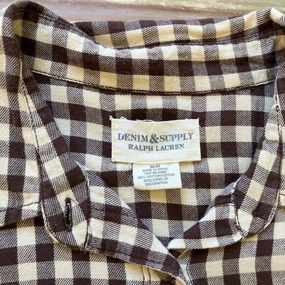 Denim & Supply Brown Plaid Short Sleeve Shirt Beaded Pocket Women's Medium Top - Picture 5 of 7